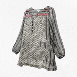 Free People Black Ivory Embroidered Boho Semi-Sheer Peasant Tunic Top Size Small